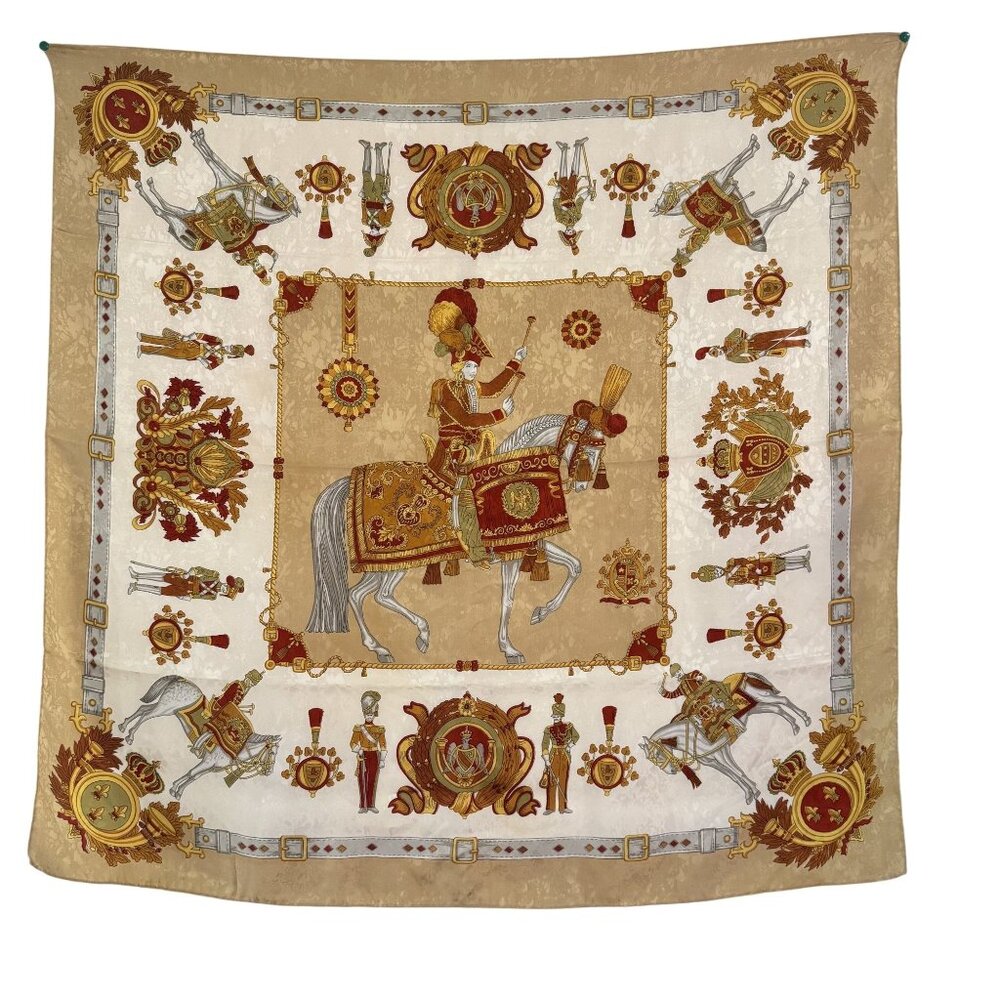 Vtg Silk Jacquard Equestrian Regal Horse&Military Motif Baroque Scarf/‎ Wall Art
